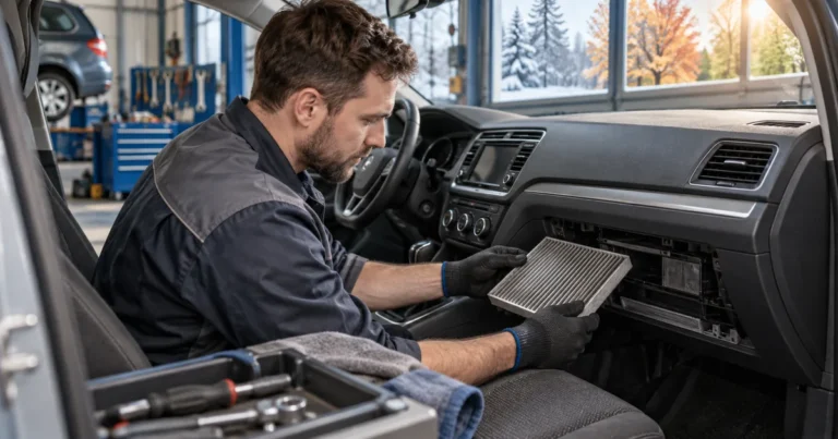 Mechanik sprawdza klimatyzację w samochodzie podczas przeglądu