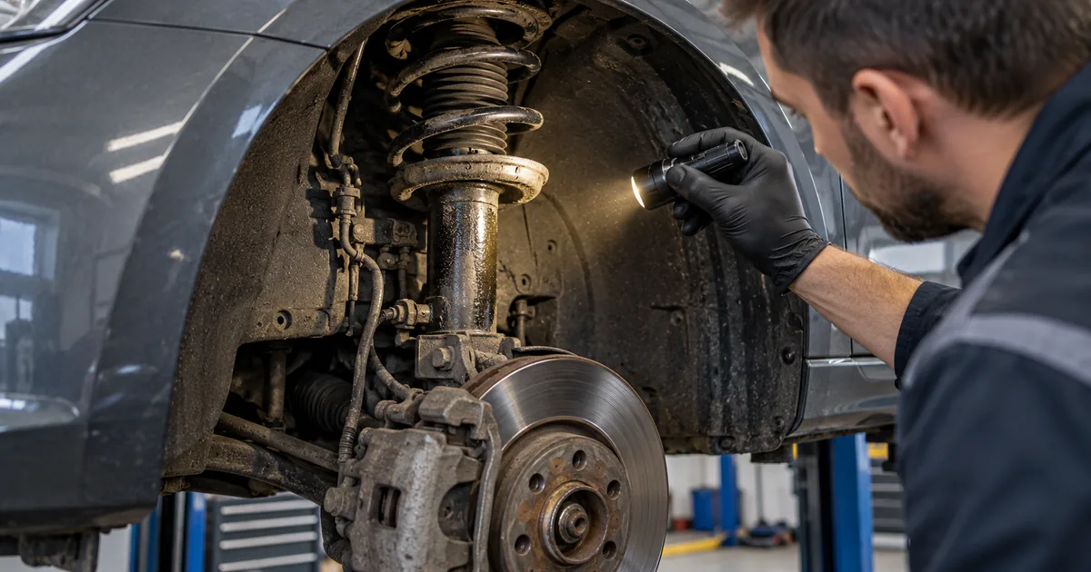 Mechanik ocenia stan amortyzatorów przy przednim zawieszeniu auta w warsztacie