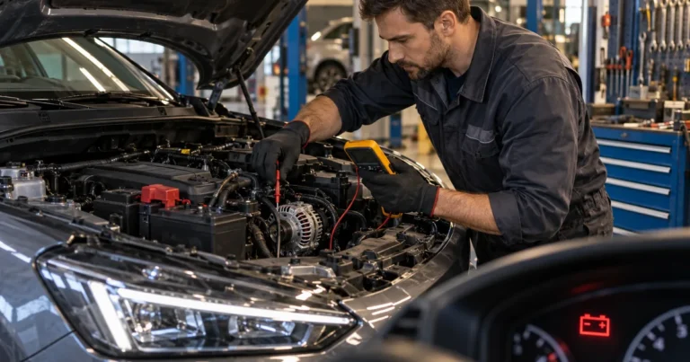 Objawy awarii alternatora, mechanik sprawdza układ ładowania samochodu